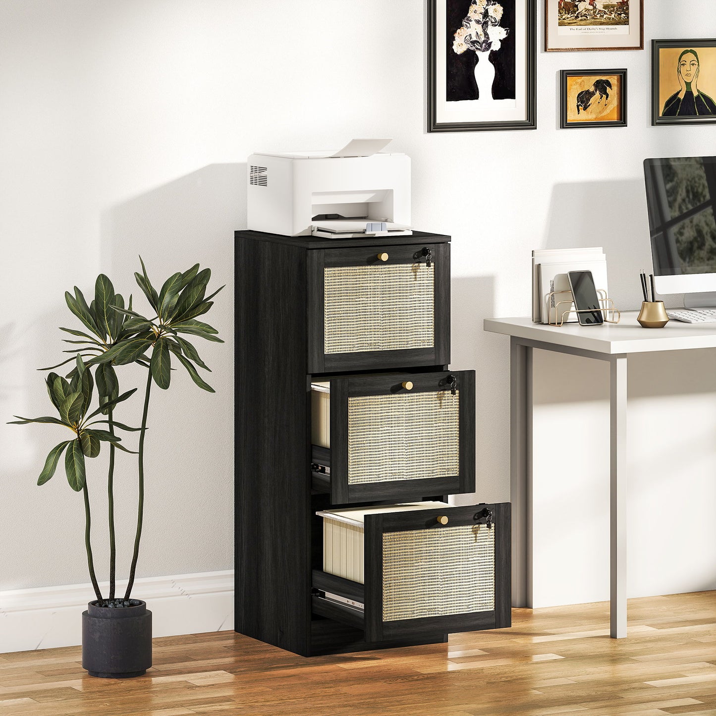 3 Drawer Filing Cabinet with Lock, Boho File Cabinet for A4 Letter Size Files with Decorative Rattan Accents, Black