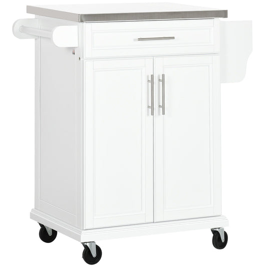Rolling Kitchen Island with Stainless Steel Top - White