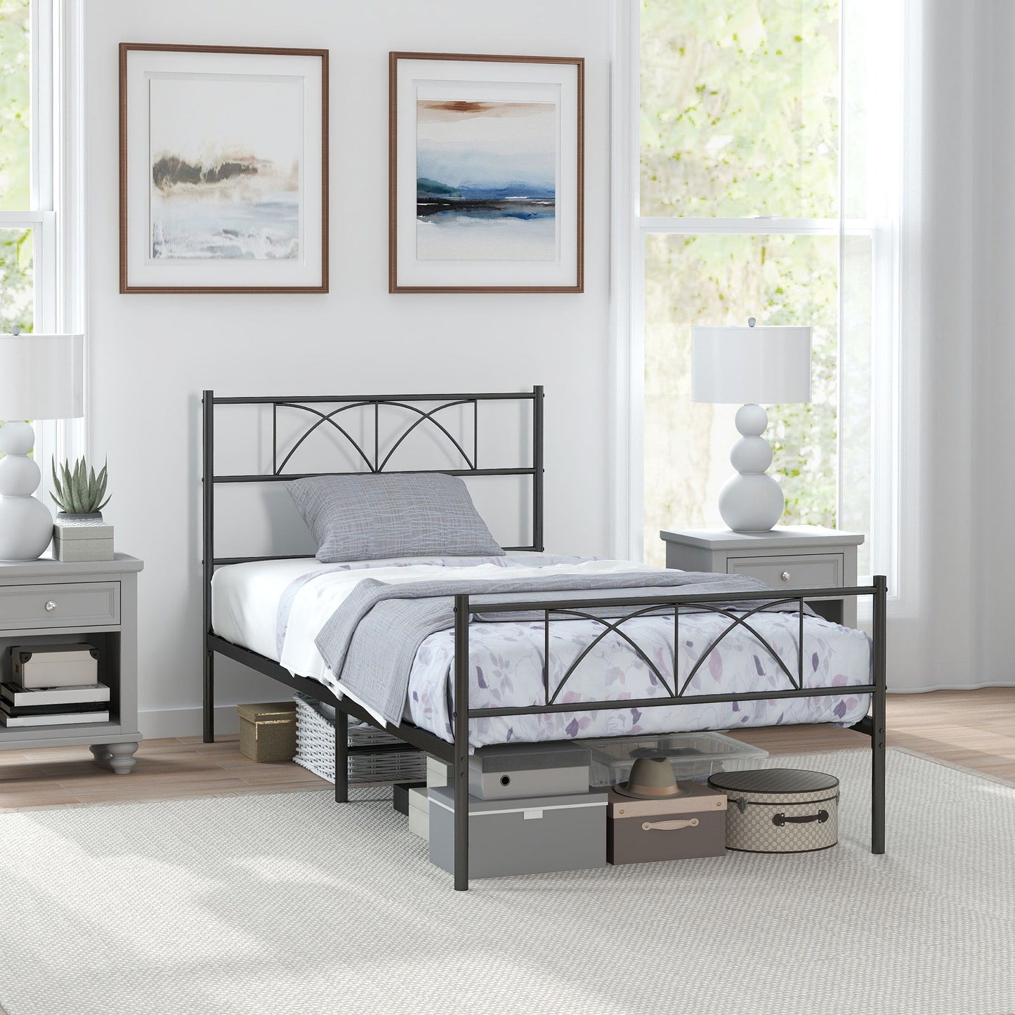 Metal Twin Platform Bed Frame with Headboard, Steel Slat Support, Underbed Storage, No Box Spring Needed, Easy Assembly