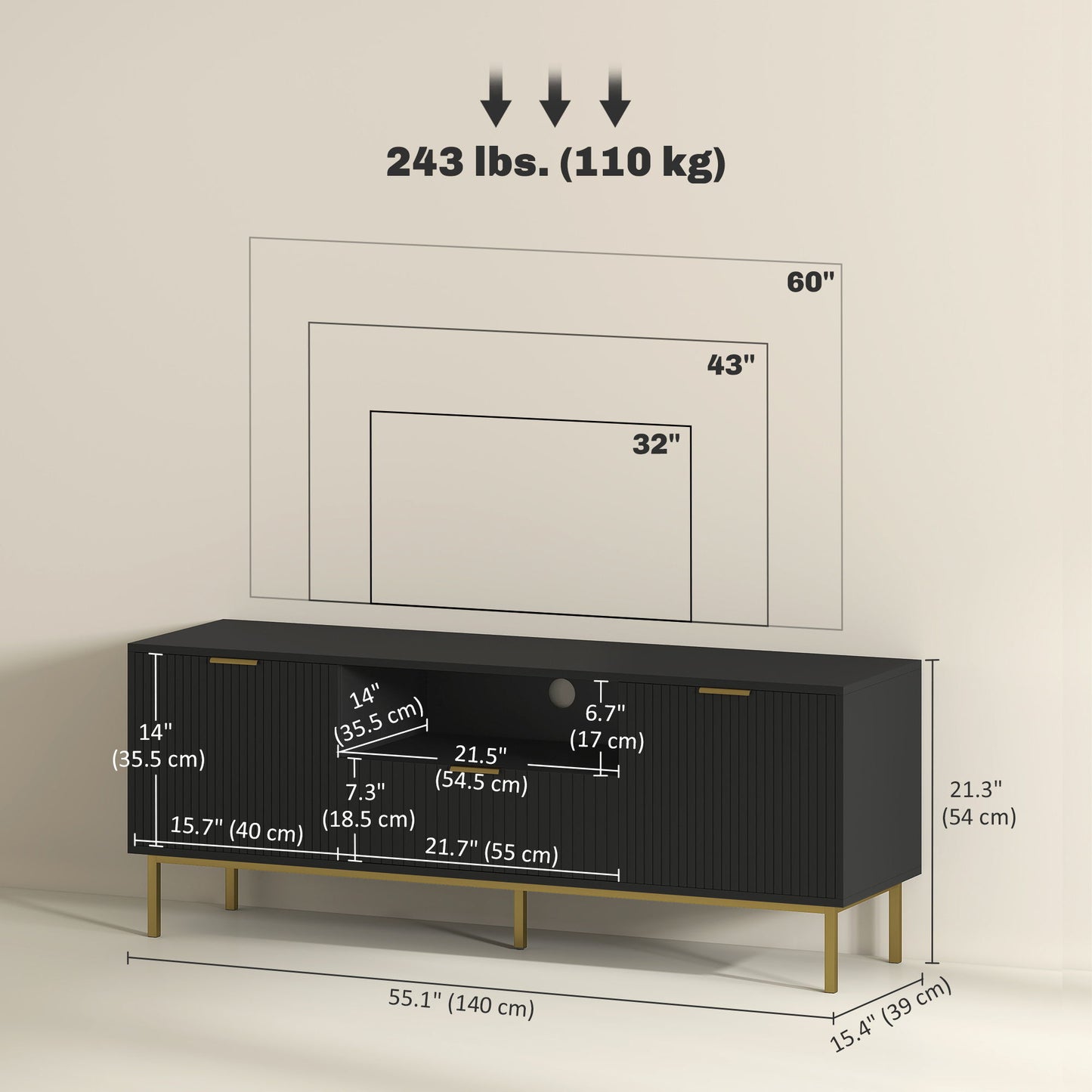 Modern TV Console for TVs up to 60 Inch, Entertainment Center with Smart RGB LED Lights and Soft Close Doors, Black