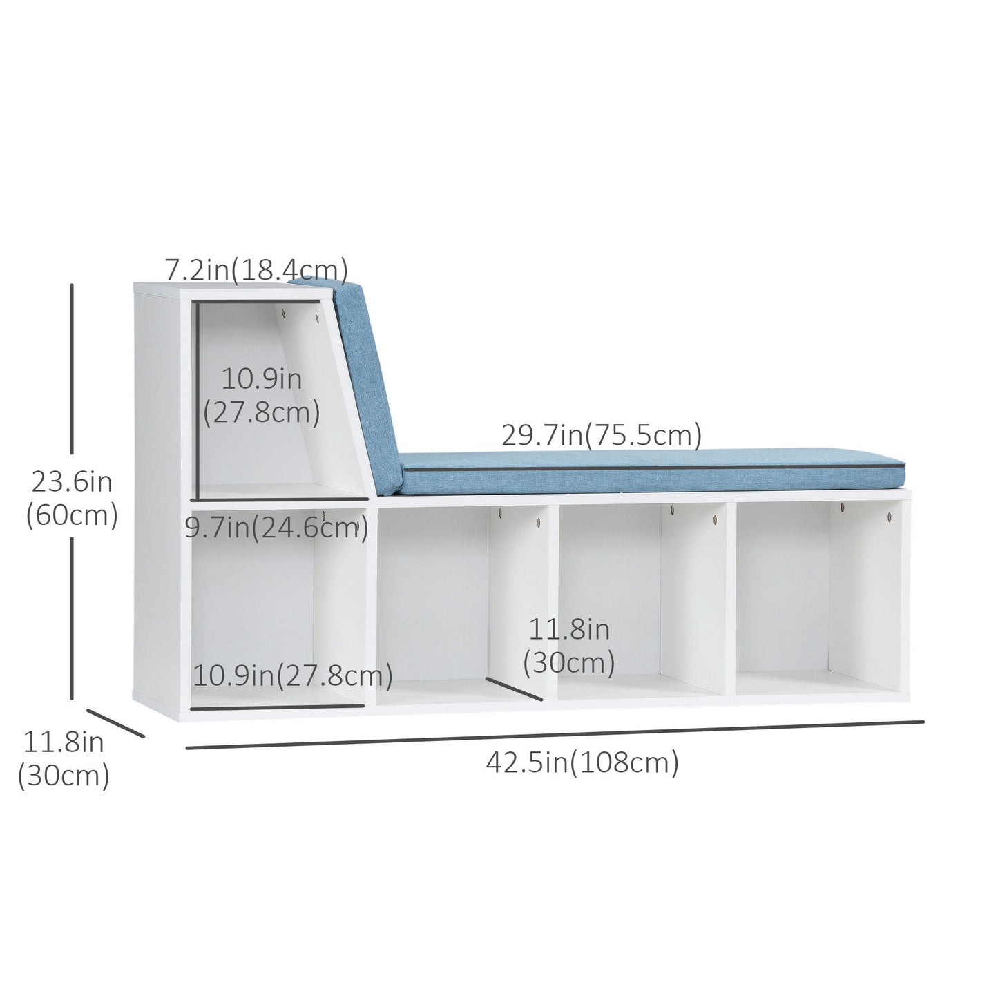 Multi-Purpose Bookshelf with 5 Cubes, 5-Cubby Bookcase with Cushioned Reading Nook and Storage Shelves, Blue