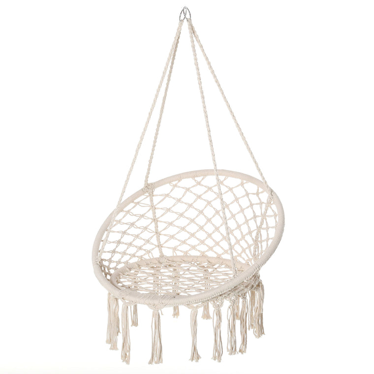 Cream White Hanging Rope Hammock Chair with Backrest