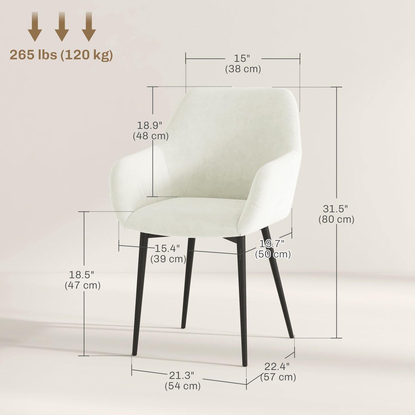 Dining Chairs Set of 2, Velvet-look Fabric Upholstered Kitchen Chairs with Backrest, Armrests and Steel Legs, Cream White