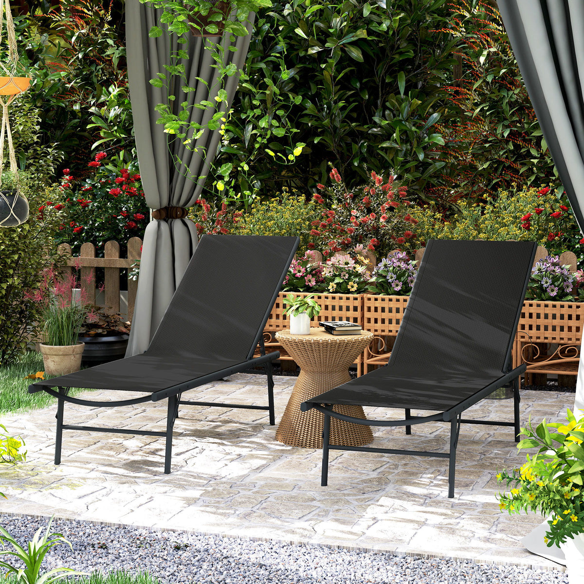 2 Pieces Folding Outdoor Lounge Chairs, Reclining Chaise Lounge Tanning Chair w/ Adjustable Back, Mesh Seat, Black