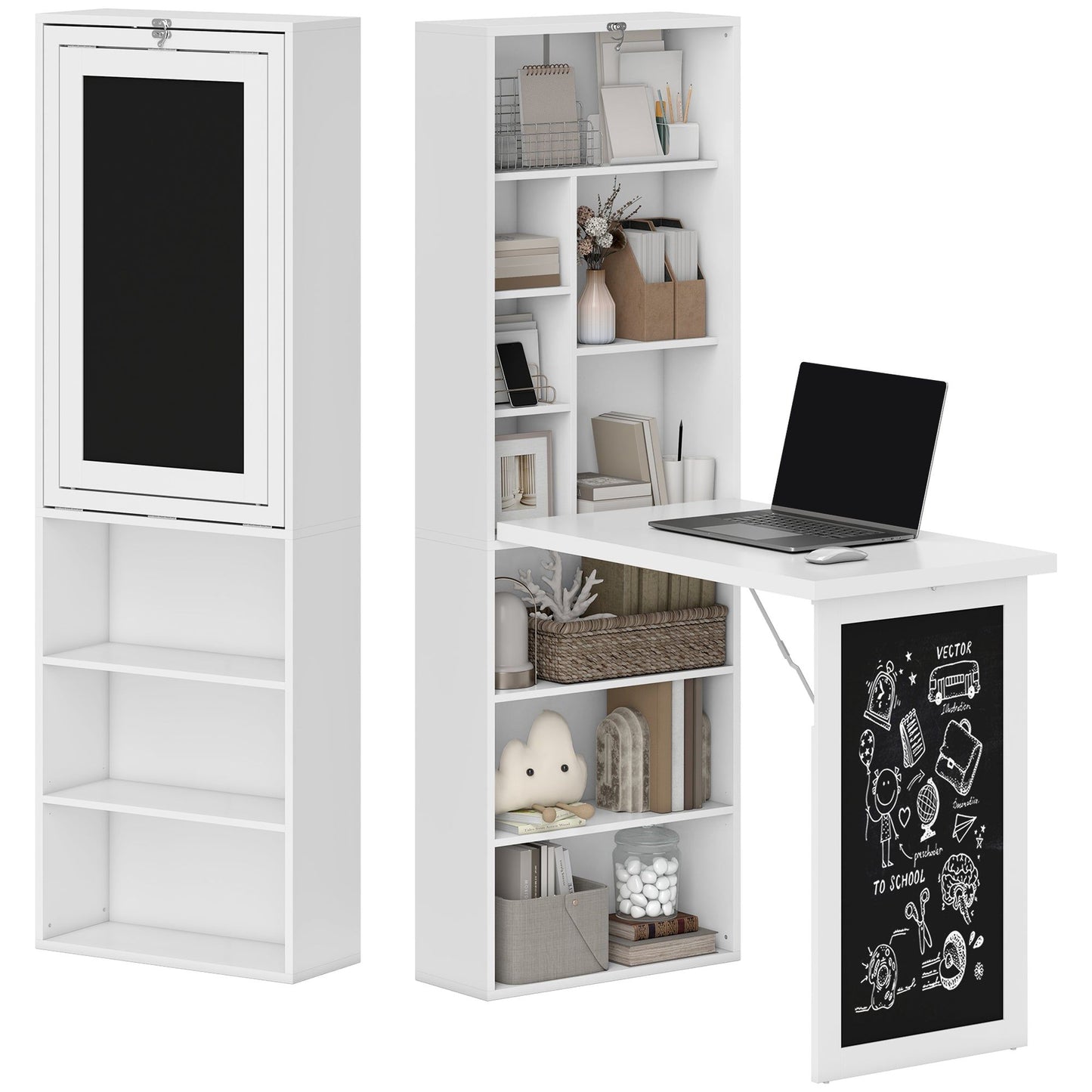 Fold-Out Wall-Mount Desk with Blackboard - White