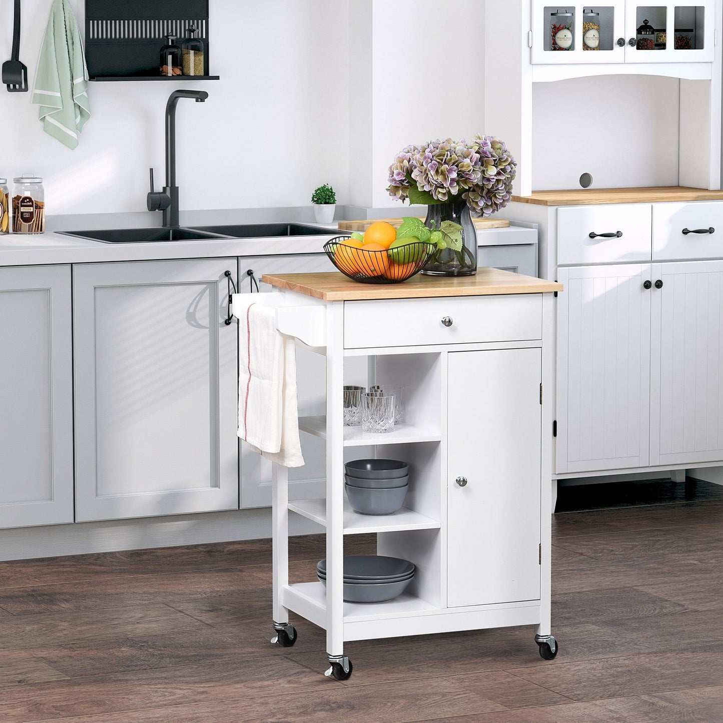 Rolling Kitchen Island with Wood Top and Cabinet - White