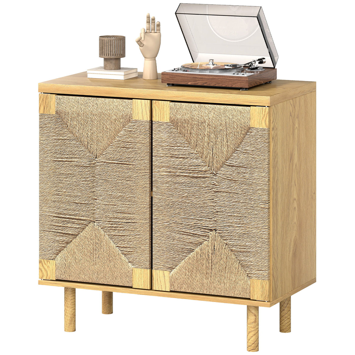 Handwoven Rope Accent Cabinet Boho Sideboard Buffet Cabinet with Push to Open Doors Adjustable Shelf Pine Wood Legs Oak