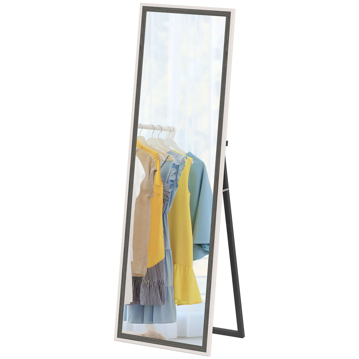 Floor Standing Mirror, Full Length Mirror, Free Standing, Leaning or Wall Mirror with Frame for Bedroom, Grey Wood Grain