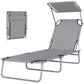 Outdoor Lounge Chair, Adjustable Folding Chaise Lounge, Tanning Chair with Sun Shade for Beach, Camping, Hiking, Backyard, Light Grey