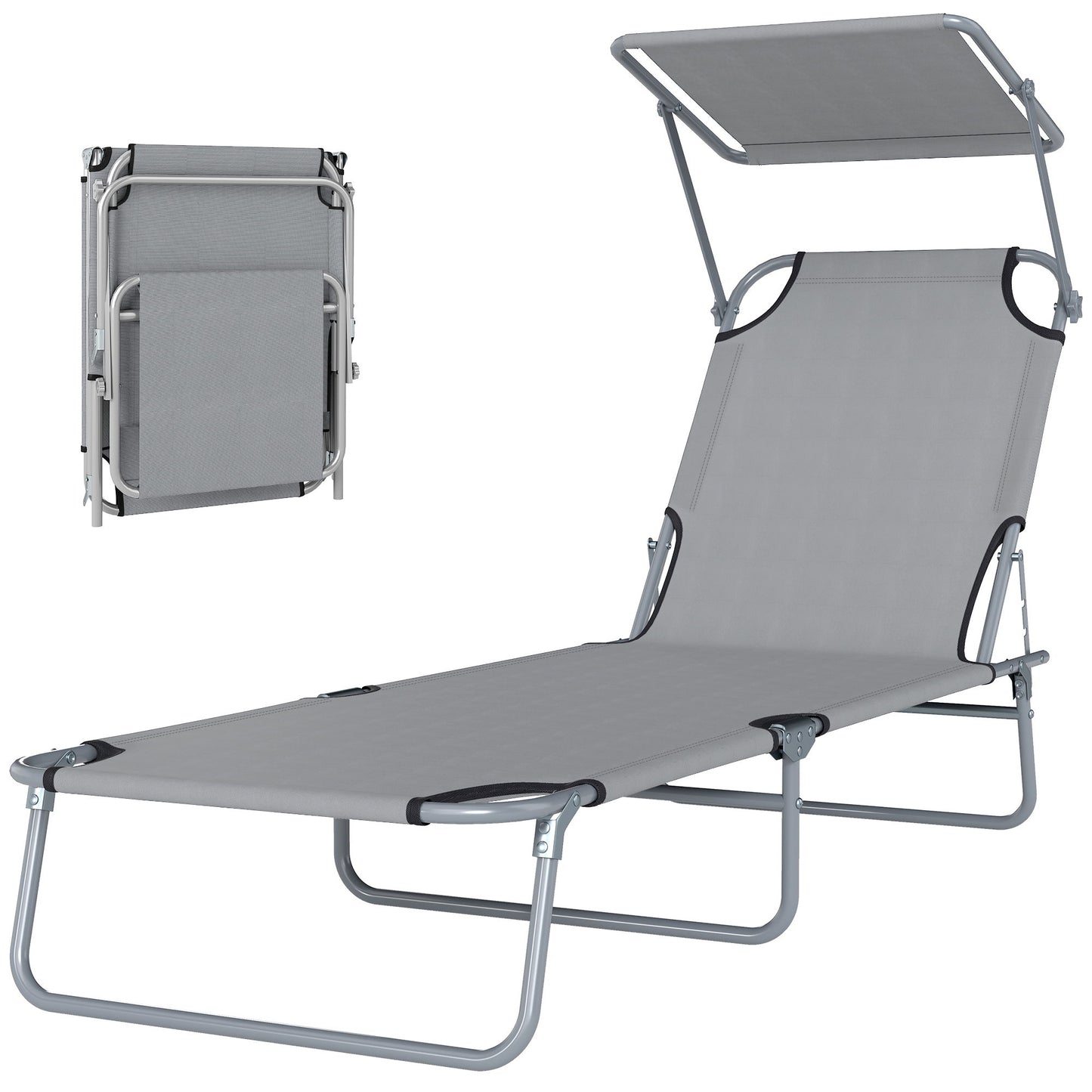 Outdoor Lounge Chair, Adjustable Folding Chaise Lounge, Tanning Chair with Sun Shade for Beach, Camping, Hiking, Backyard, Light Grey