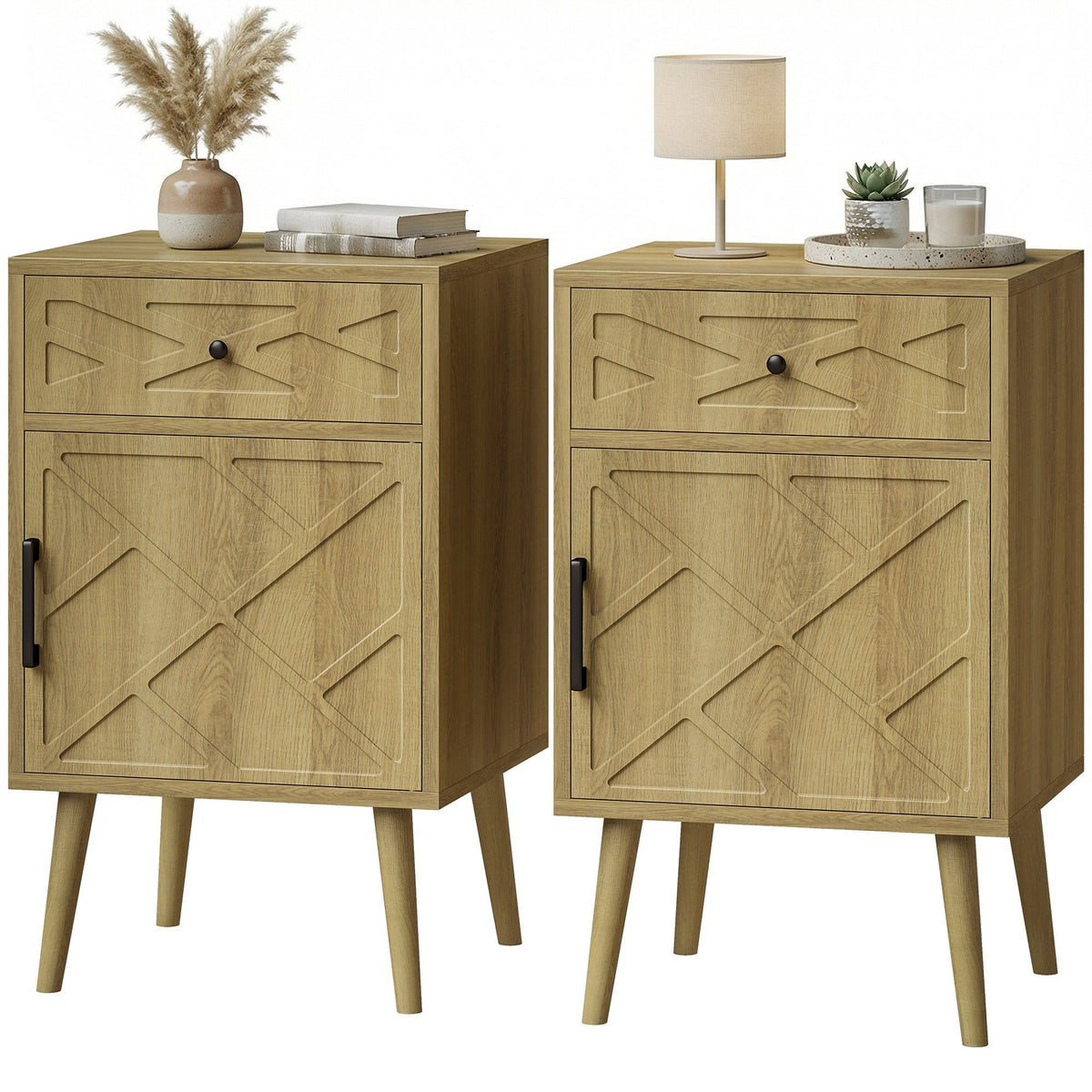 Nightstand Set of 2 with Drawer and Cabinet - Oak