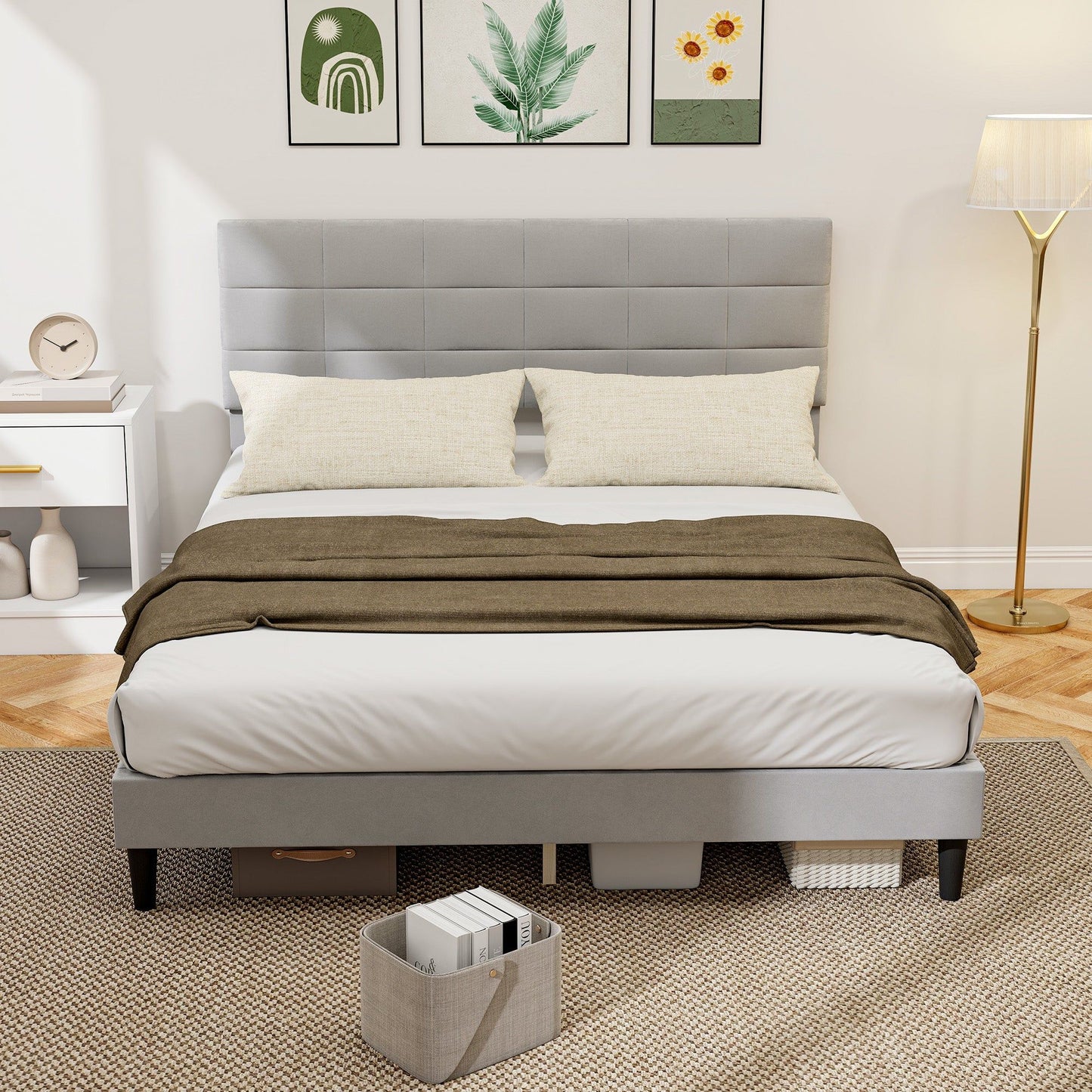 Queen Platform Bed Frame with Upholstered Headboard - Grey
