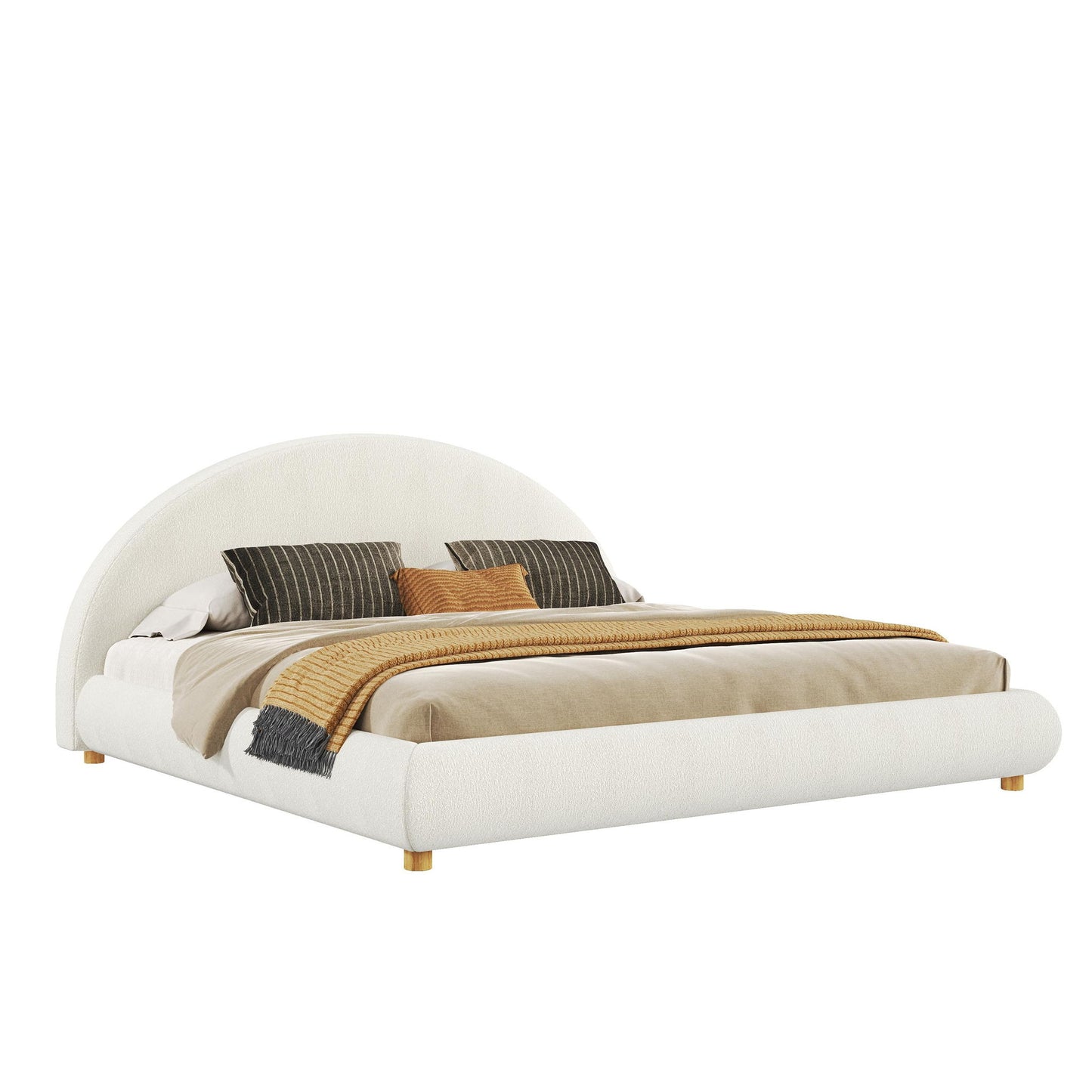 King Size Platform Bed with Integrated Mattress Retainer, Boucle Fabric, Solid Bedboard with Low-Profile Frame, 86.5'' L x 80'' W x 41'' H, White