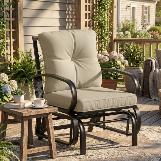 Patio Glider, Outdoor Glider Chair with Cushions, Steel Frame, Curved Armrests, Beige - Beige