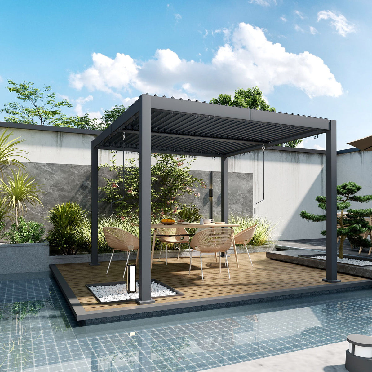 10' x 10' Pergola with Adjustable Metal Roof and Aluminum Frame, Outdoor Louvered Hardtop Gazebo with Drainage System
