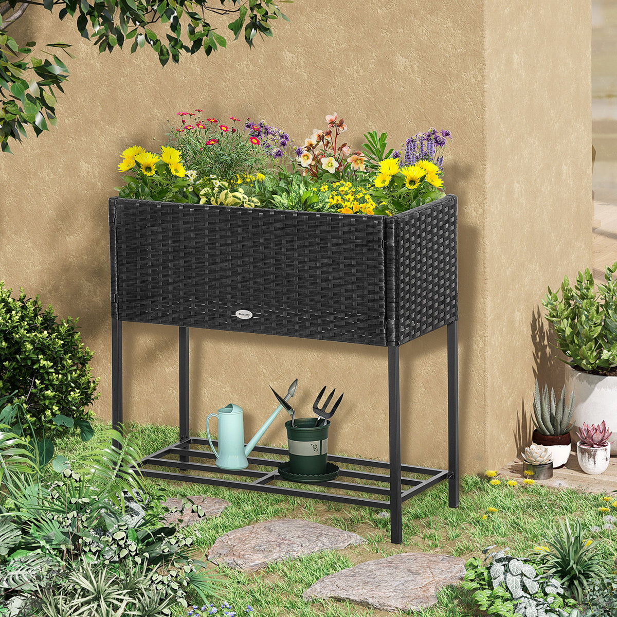 Rattan Raised Garden Boxes, Elevated Flower Beds with Storage Shelf for Herbs, Flowers, Vegetables, Black