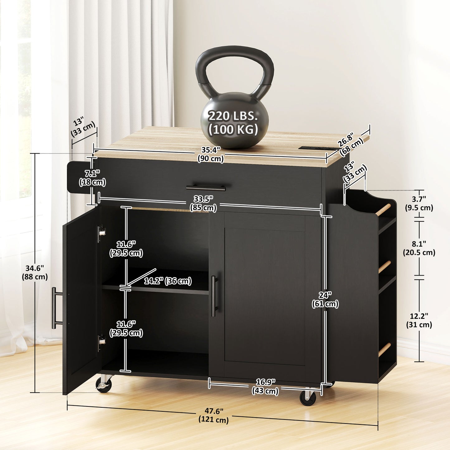 Kitchen Island with Storage, Rolling Kitchen Cart with Foldable Drop Leaf, Power Outlet and USB Ports, Black