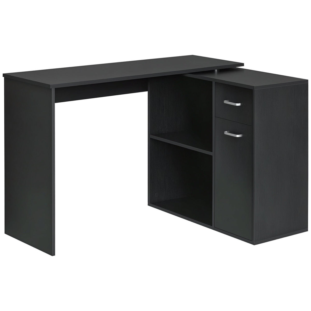 180-Degree Rotating Corner Desk with Cabinet - Black
