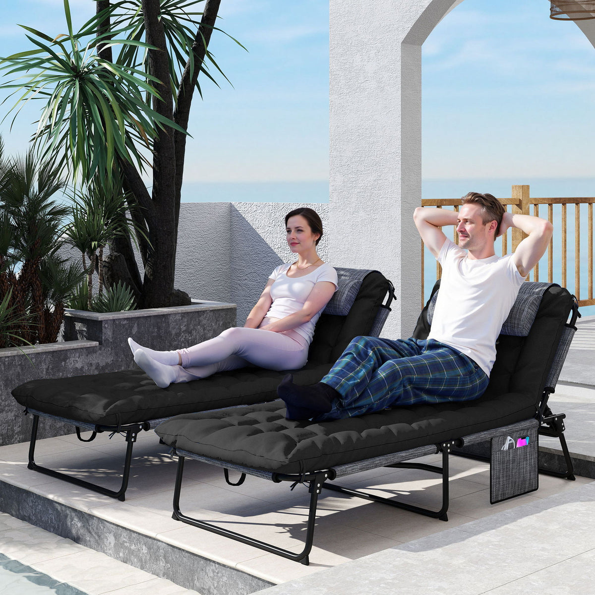 2-Piece Folding Lounge Chairs with Adjustable Backrest, Tanning Chair with Cushion, Side Pocket, Headrest, Black