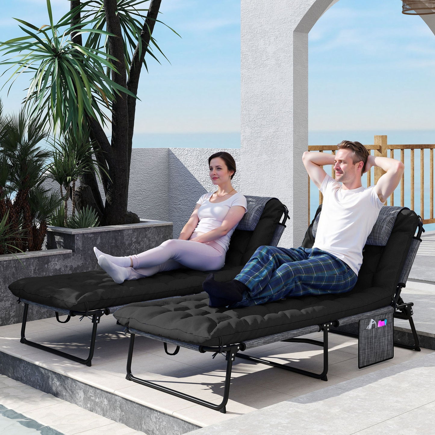 2-Piece Folding Lounge Chairs with Adjustable Backrest, Tanning Chair with Cushion, Side Pocket, Headrest, Black