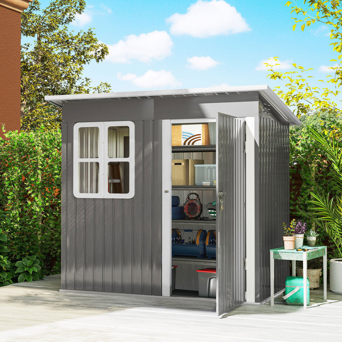 7' x 4' Galvanised Steel Outdoor Storage Shed, Garden Shed with Window, Lockable Wide Door and Air Vents, Dark Grey