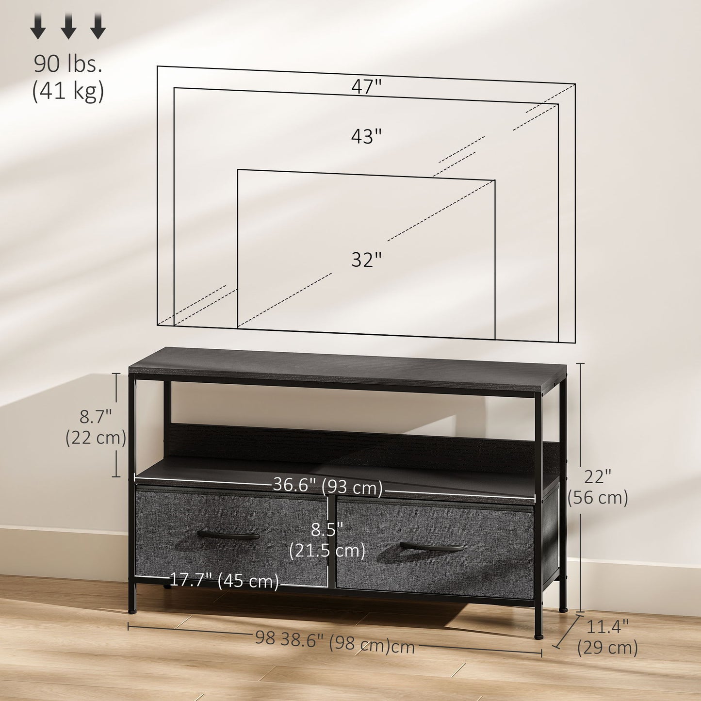 TV Stand with Charging Station, TV Table with 2 Foldable Linen Drawers and Open Shelf for 47 Inch Television, Black
