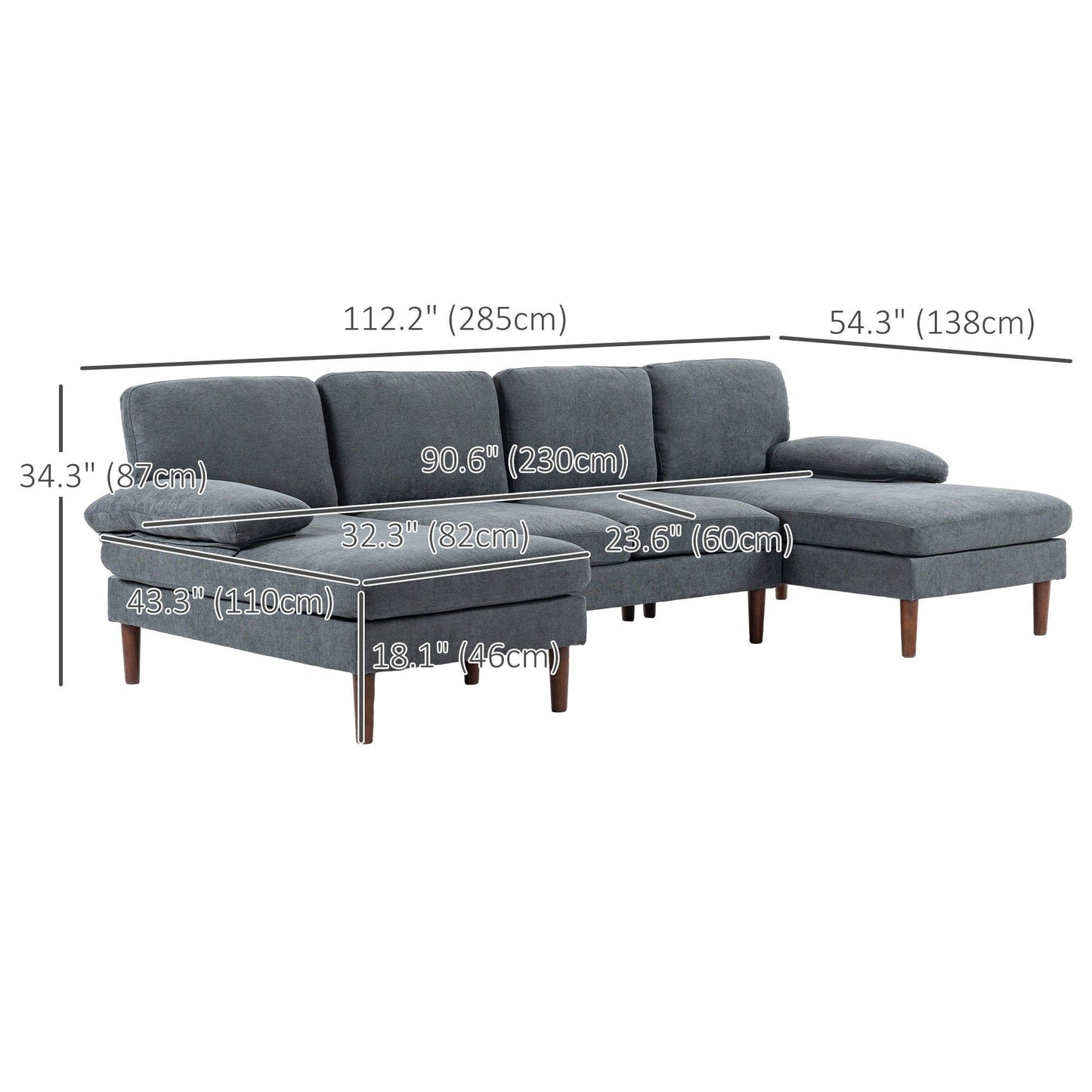 U-Shaped Sectional Sofa with Double Chaise - Dark Grey