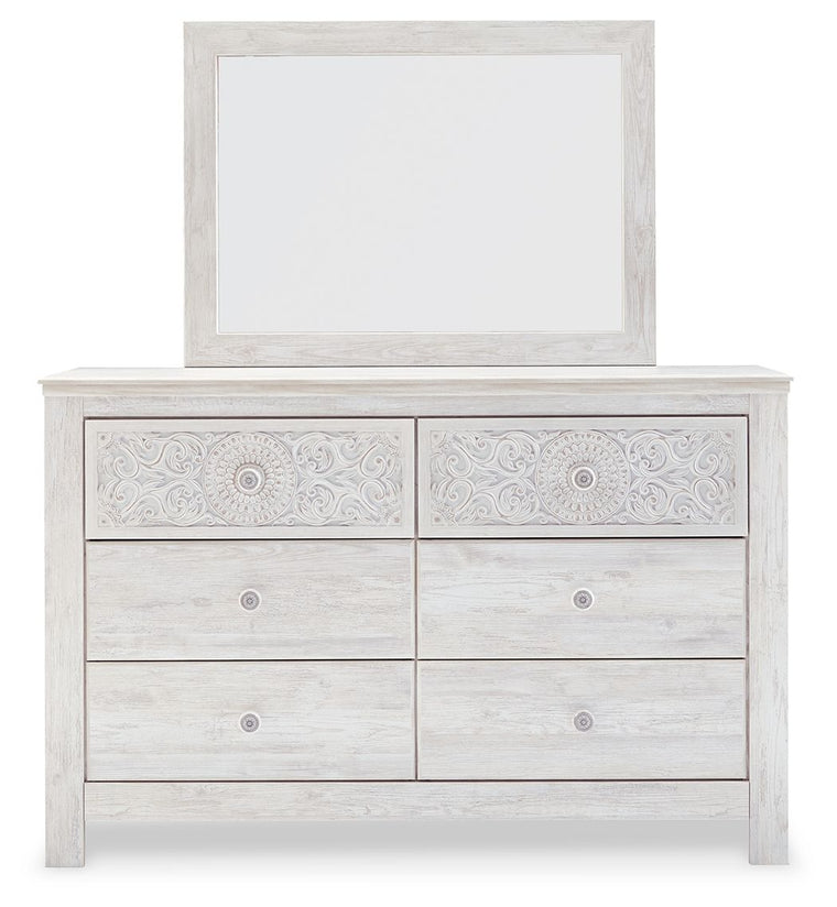 Paxberry - Dresser, Mirror - Medallion Drawer Pulls - Whitewash