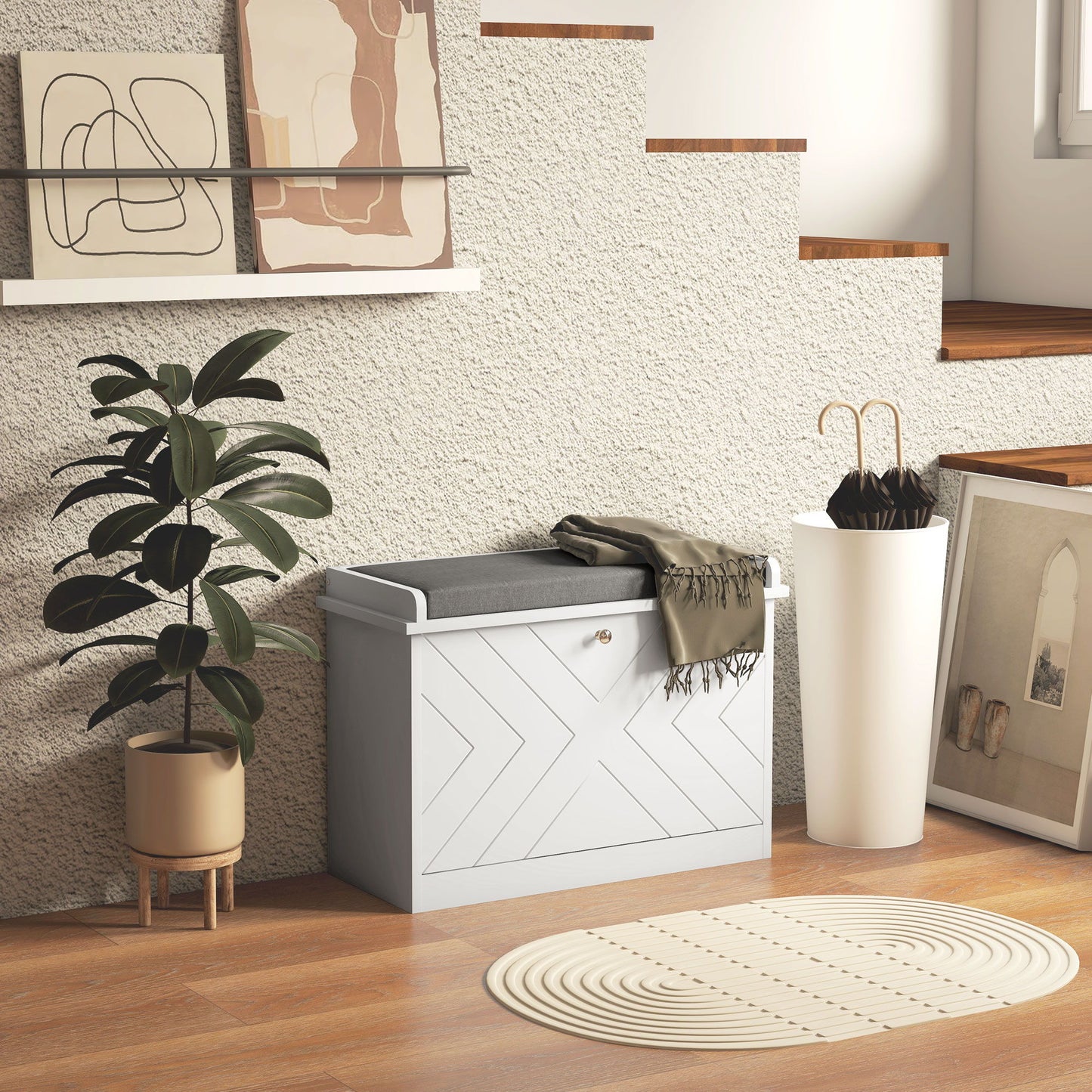 Shoe Storage with Seat, Upholstered Hallway Bench, Shoe Bench with Flip Drawer, Adjustable Shelf for 4-6 Pairs of Shoes