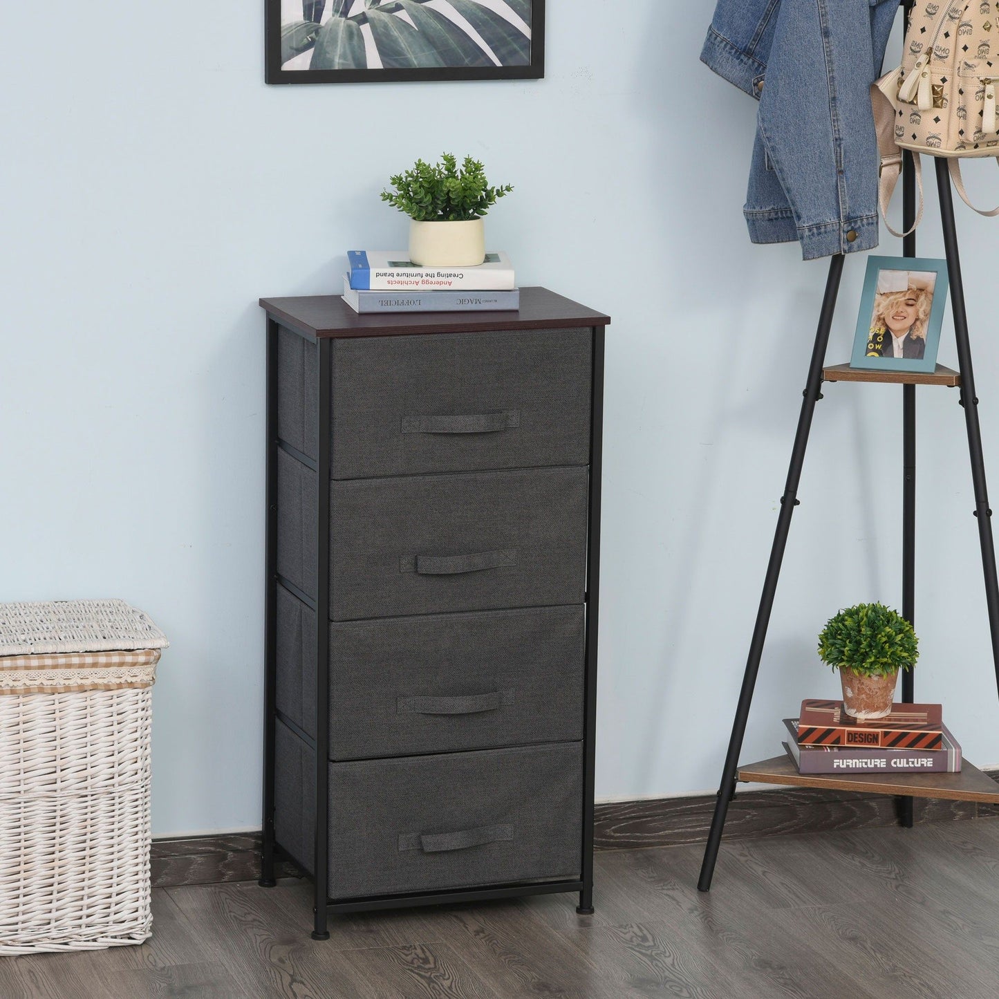4-Drawer Storage Dresser Tower with Metal Frame - Black