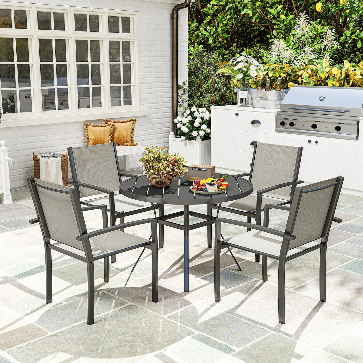 5 Piece Outdoor Dining Set with Round Table and 4 Stackable Chairs, for Backyard, Lawn, Deck, Balcony, Pool Side