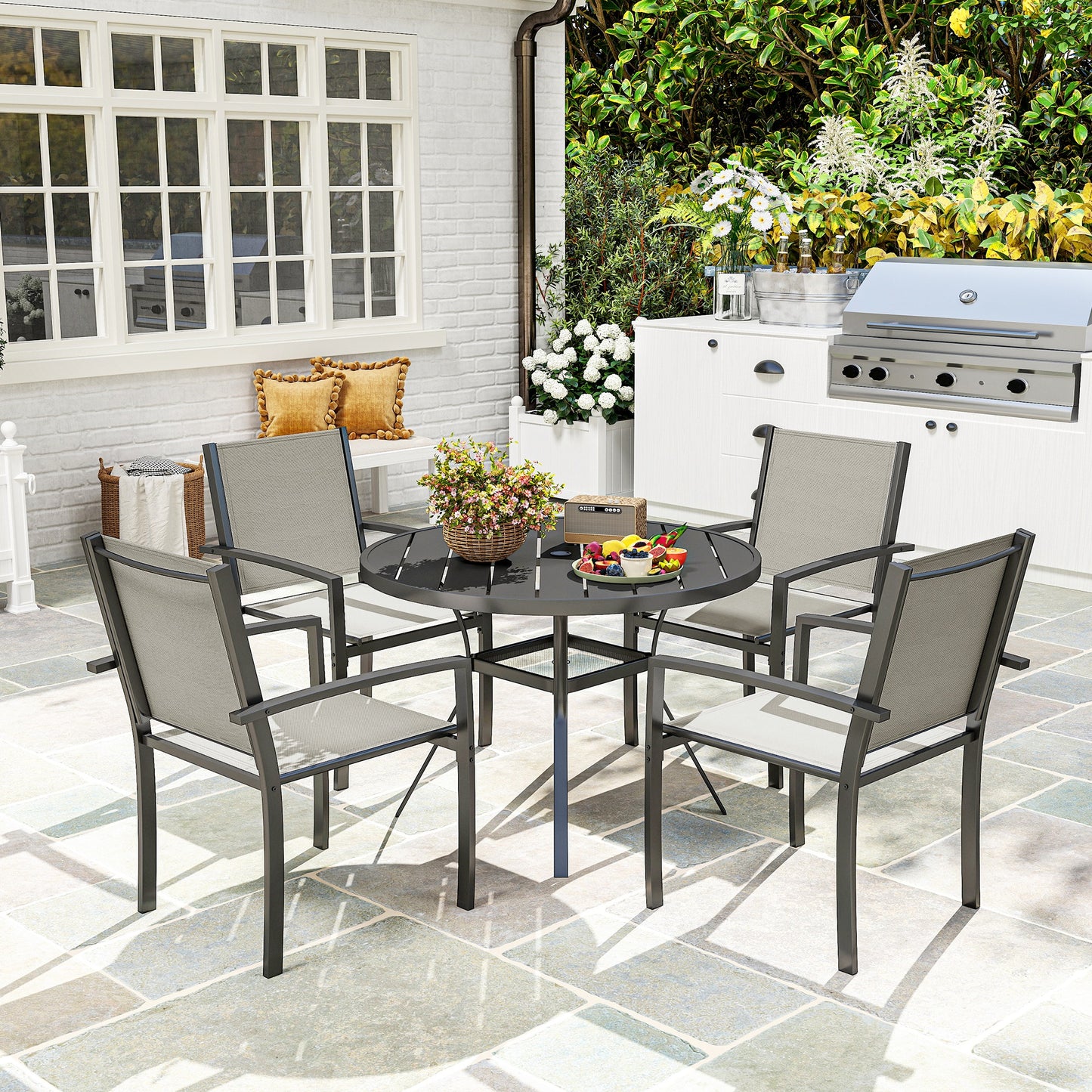 5 Piece Outdoor Dining Set with Round Table and 4 Stackable Chairs, for Backyard, Lawn, Deck, Balcony, Pool Side - Dark Grey