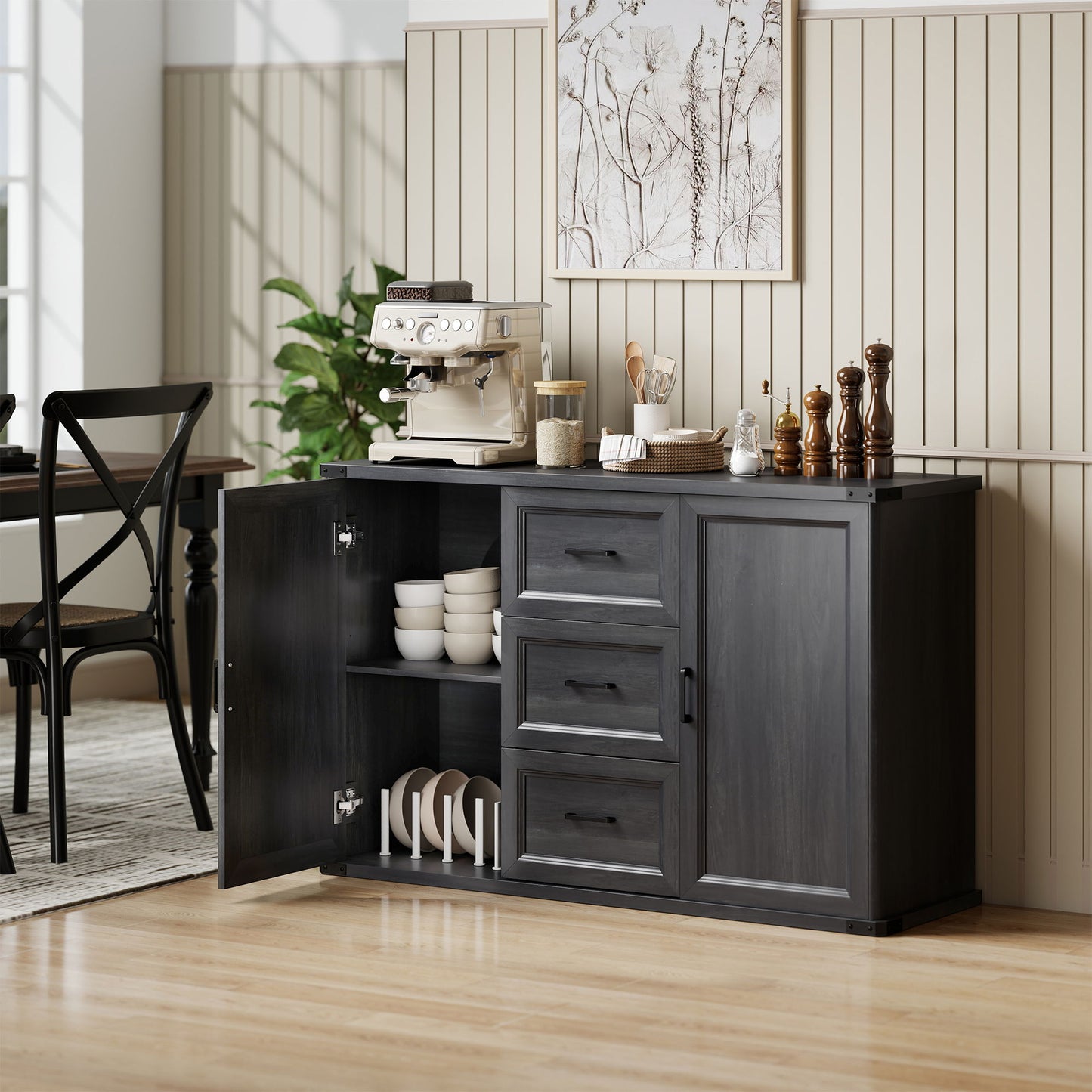 Sideboard with 3 Drawers and 2 Doors, 47" Buffet Cabinet with Adjustable Shelves for Kitchen, Black Wood Grain