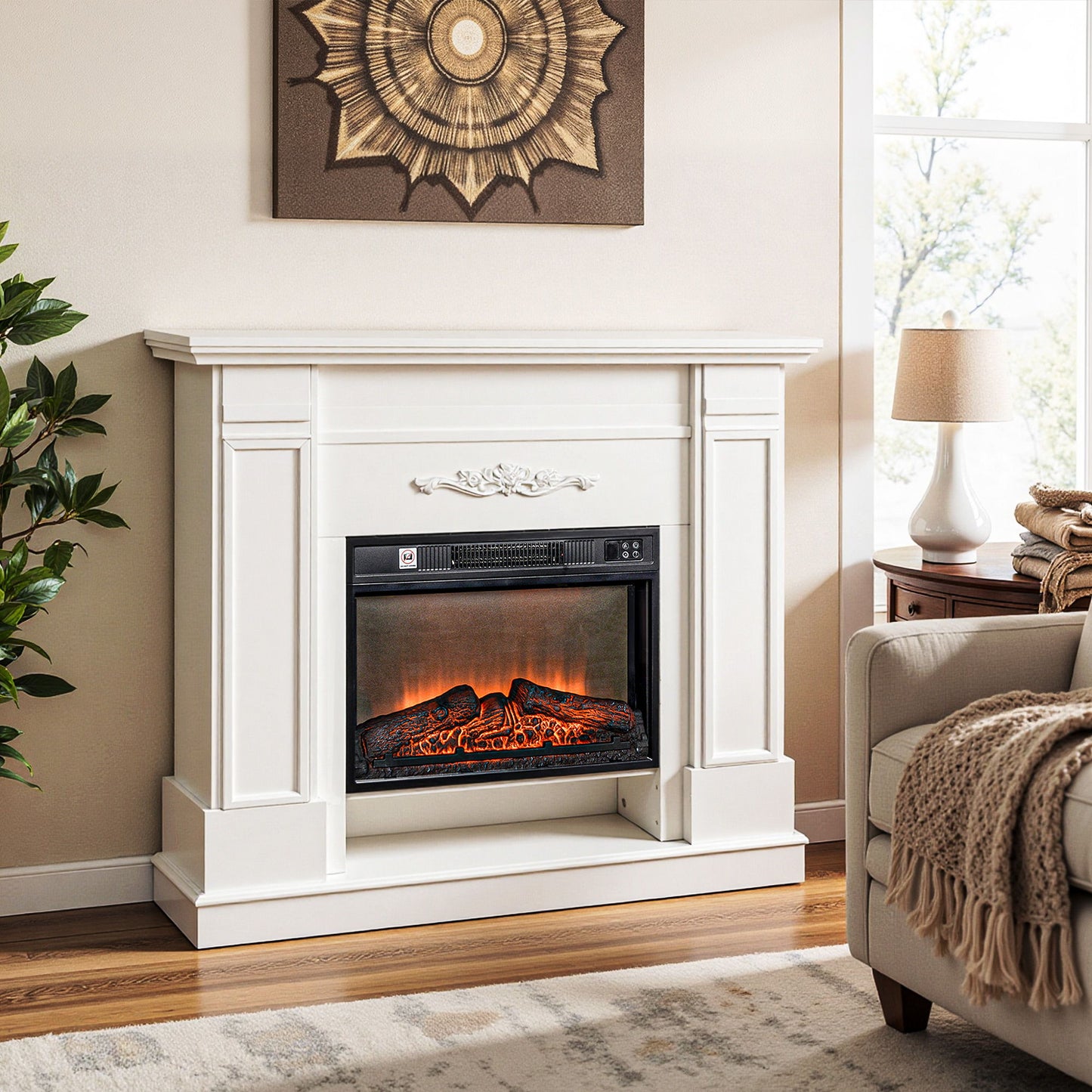 46" Electric Fireplace with Mantel and Shelf, 1400W Fireplace Heater with Realistic Log and Flame Effect, White