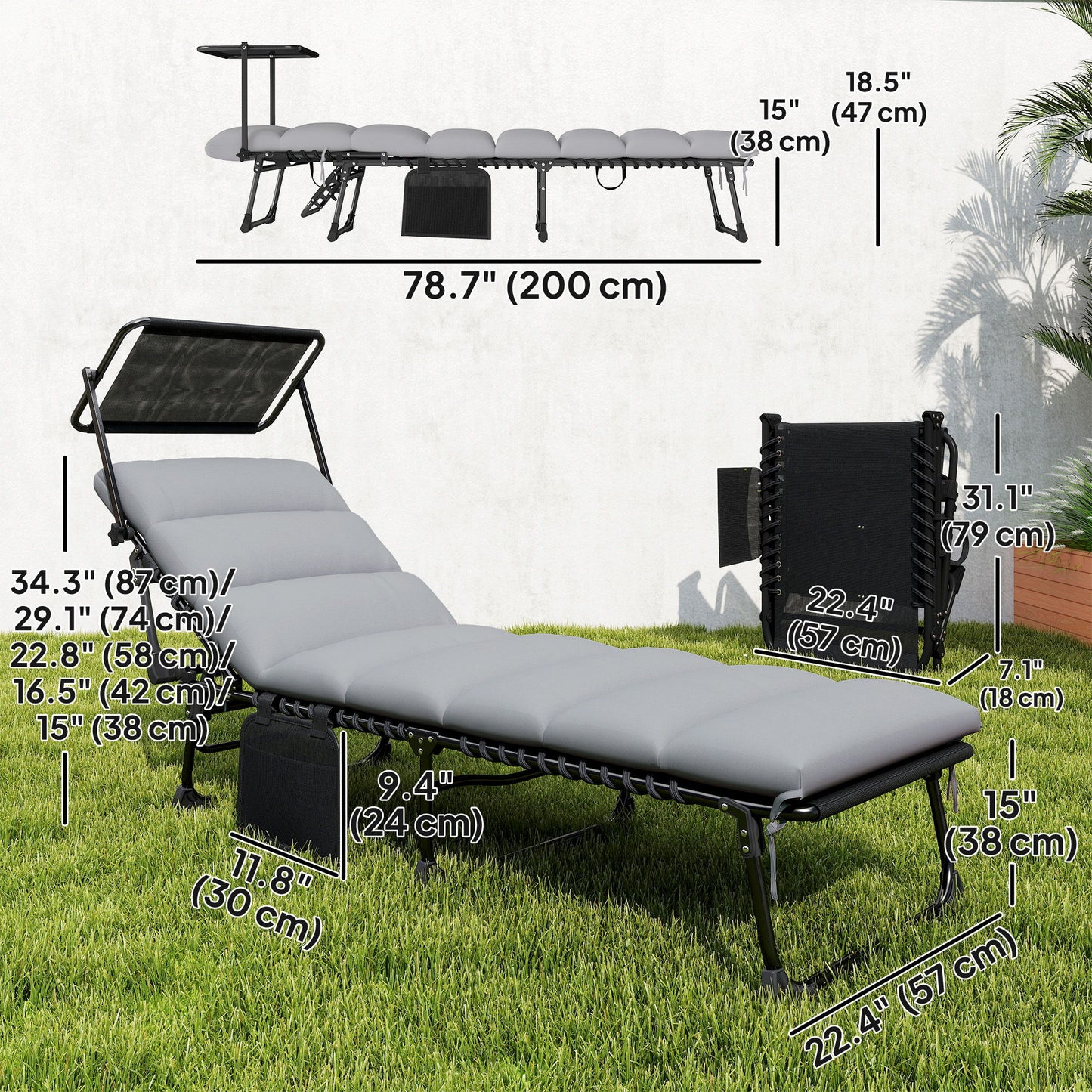 Outdoor Chaise Lounge Chairs, 2 PCS Folding Lounge Chairs with Adjustable 5-Position, Cushion, Canopy, Side Pocket