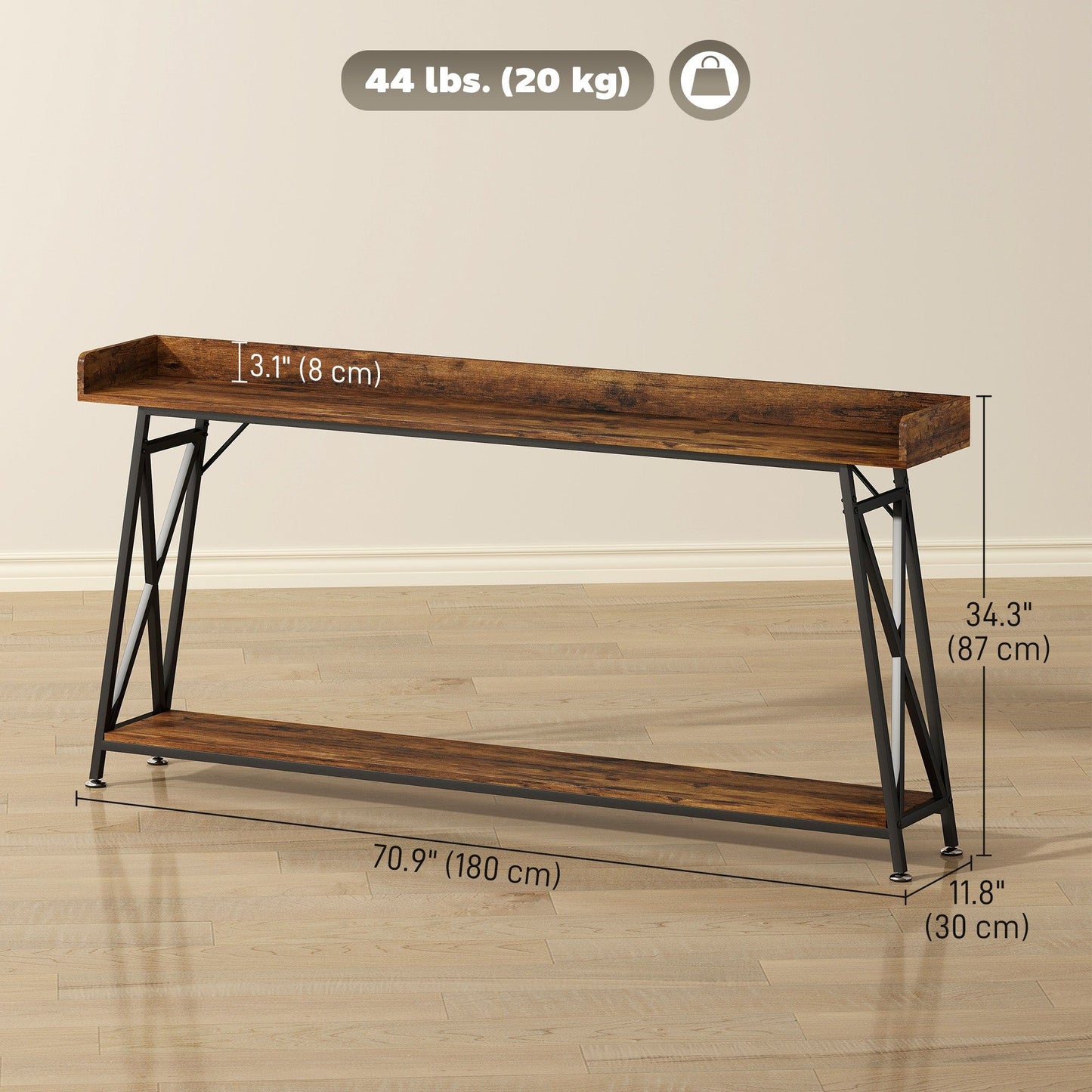 71" Console Table with Storage Shelf - Rustic Brown