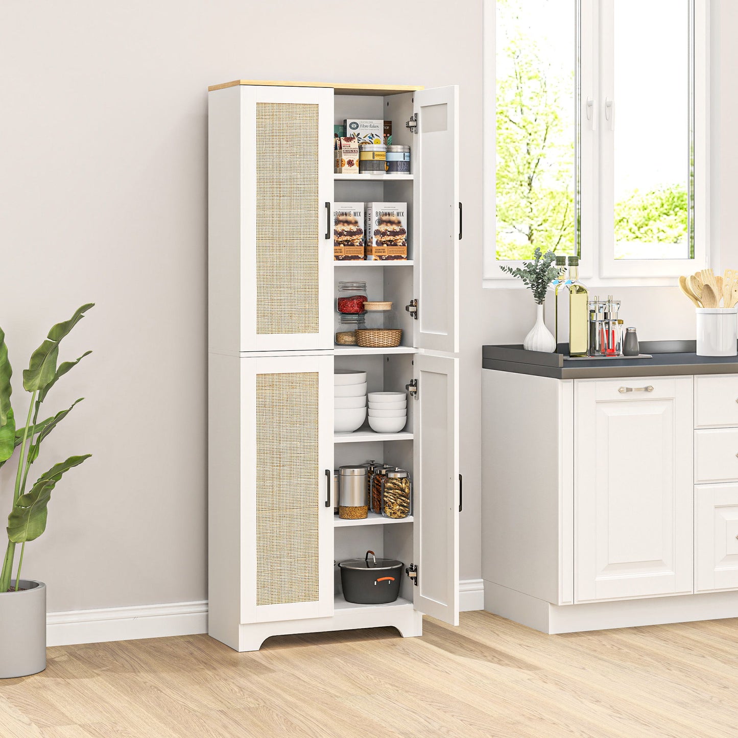 67" Tall Kitchen Pantry, Freestanding Kitchen Storage Cabinet with 4 Rattan Doors and Adjustable Shelves, White