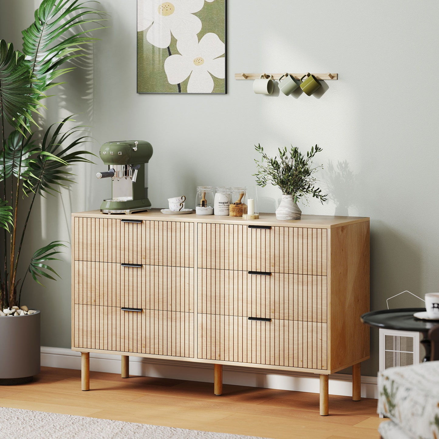 Bedroom Chest of Drawers, 6 Drawer Dresser with Fluted Panels and Solid Wood Legs, Storage Cabinet for Living Room, Oak