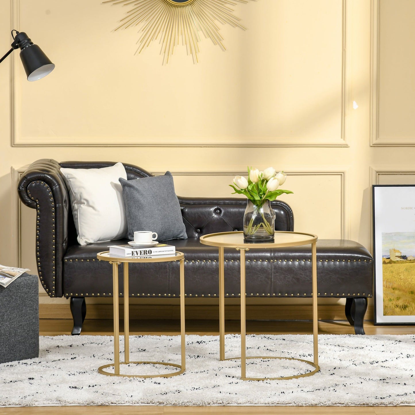Set of 2 Round Nesting Coffee Tables with Glass Top - Gold