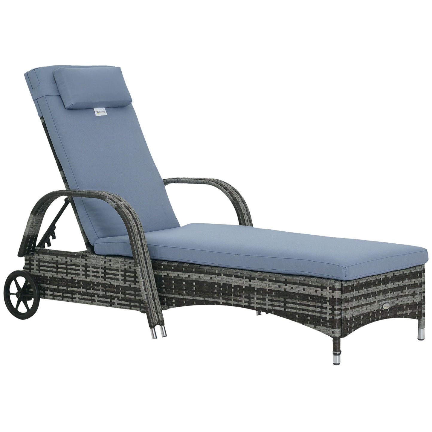 Wicker Chaise Lounge, Outdoor Lounge Chair, PE Rattan Patio Sun lounger with Head-rest, 5-Level Height Adjust Backrest, Cushion, & Wheels, Mixed Grey and Grey