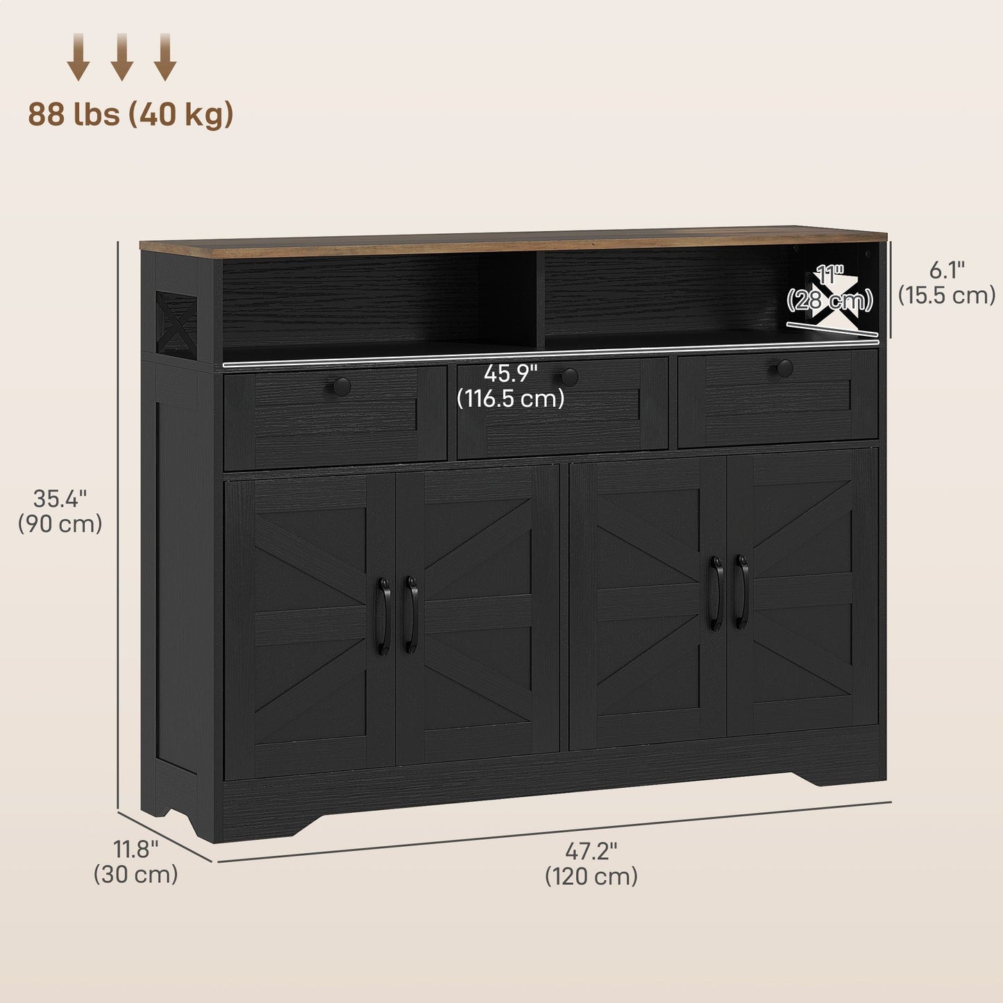 Buffet Sideboard with 4 Barn Doors and 3 Drawers - Black