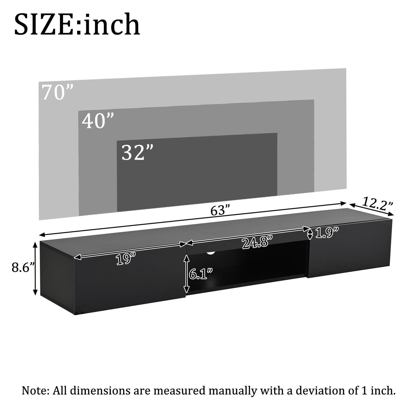 Floating TV Stand with High-Gloss Finish and LED Ambient Lighting, Sleek TV Cabinet with Pull-Down Doors, 63" L x 12" W x 8.5" H, Black
