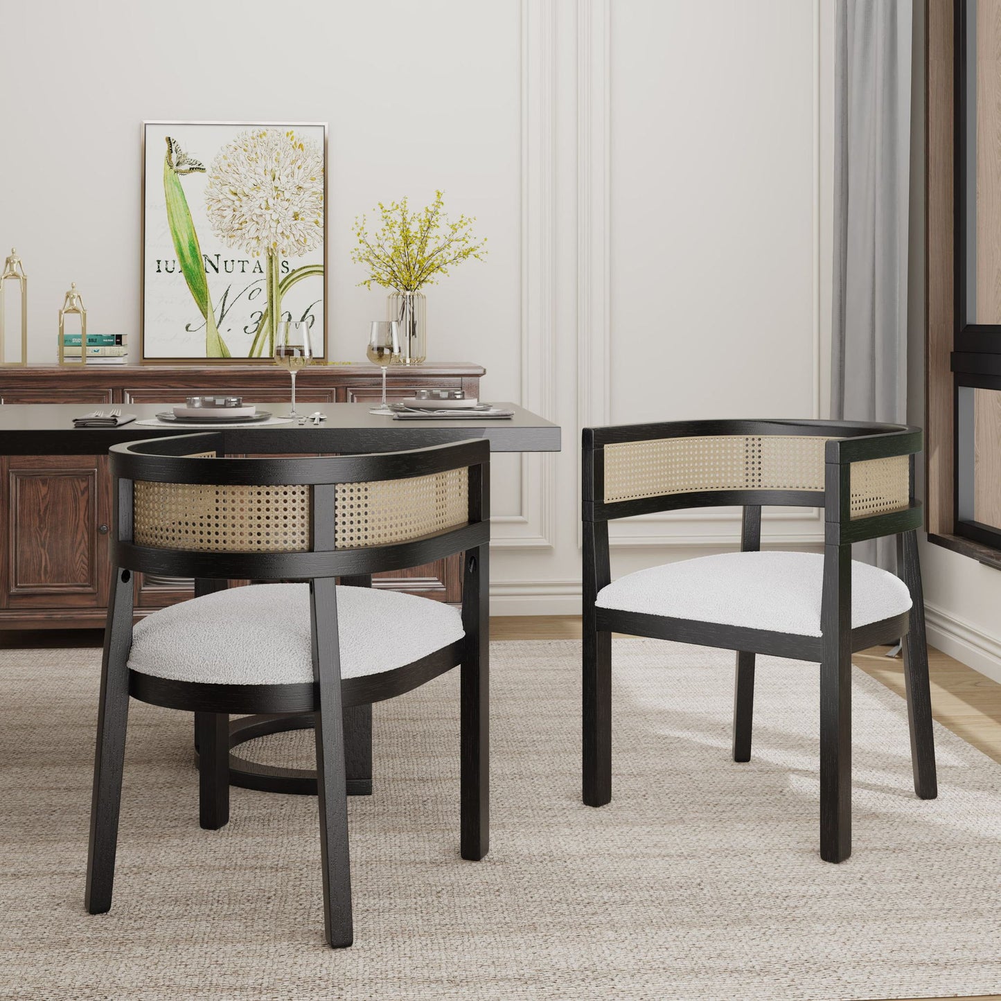 Set of 2 Dining Chairs with Rattan Backrest, Wood Frame, Dining Seats for Ultimate Comfort and Style, 22.5" L x 22" W x 29.5" H, Beige+Black
