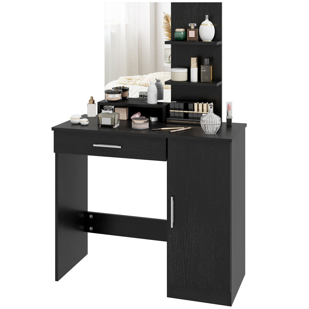 Vanity Desk with Mirror, Makeup Vanity w/ Drawer, Open Compartment and Shelves, Cabinet, Adjustable Shelves for Bedroom