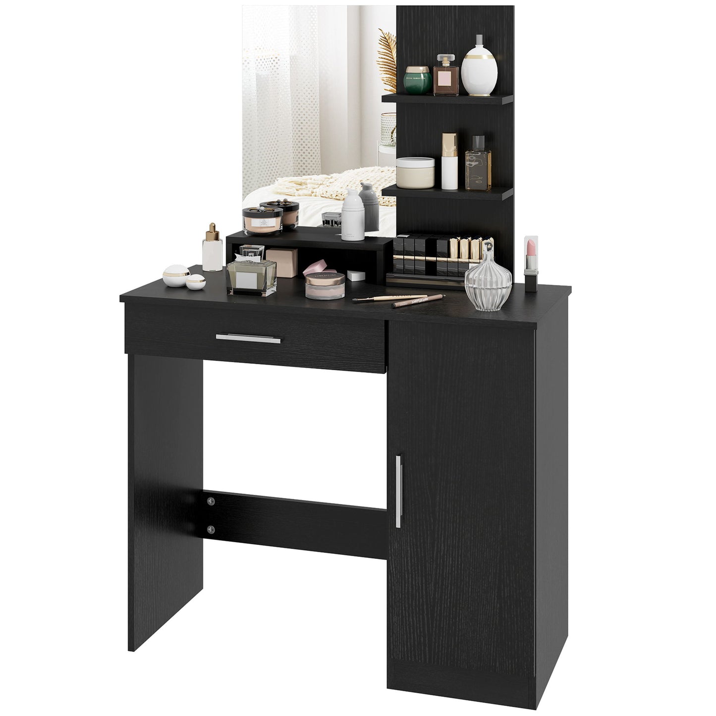 Vanity Desk with Mirror, Makeup Vanity w/ Drawer, Open Compartment and Shelves, Cabinet, Adjustable Shelves for Bedroom