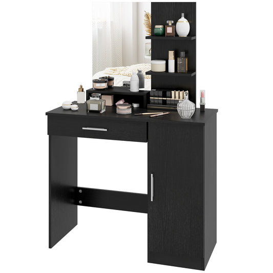 Vanity Desk with Mirror, Makeup Vanity w/ Drawer, Open Compartment and Shelves, Cabinet, Adjustable Shelves for Bedroom