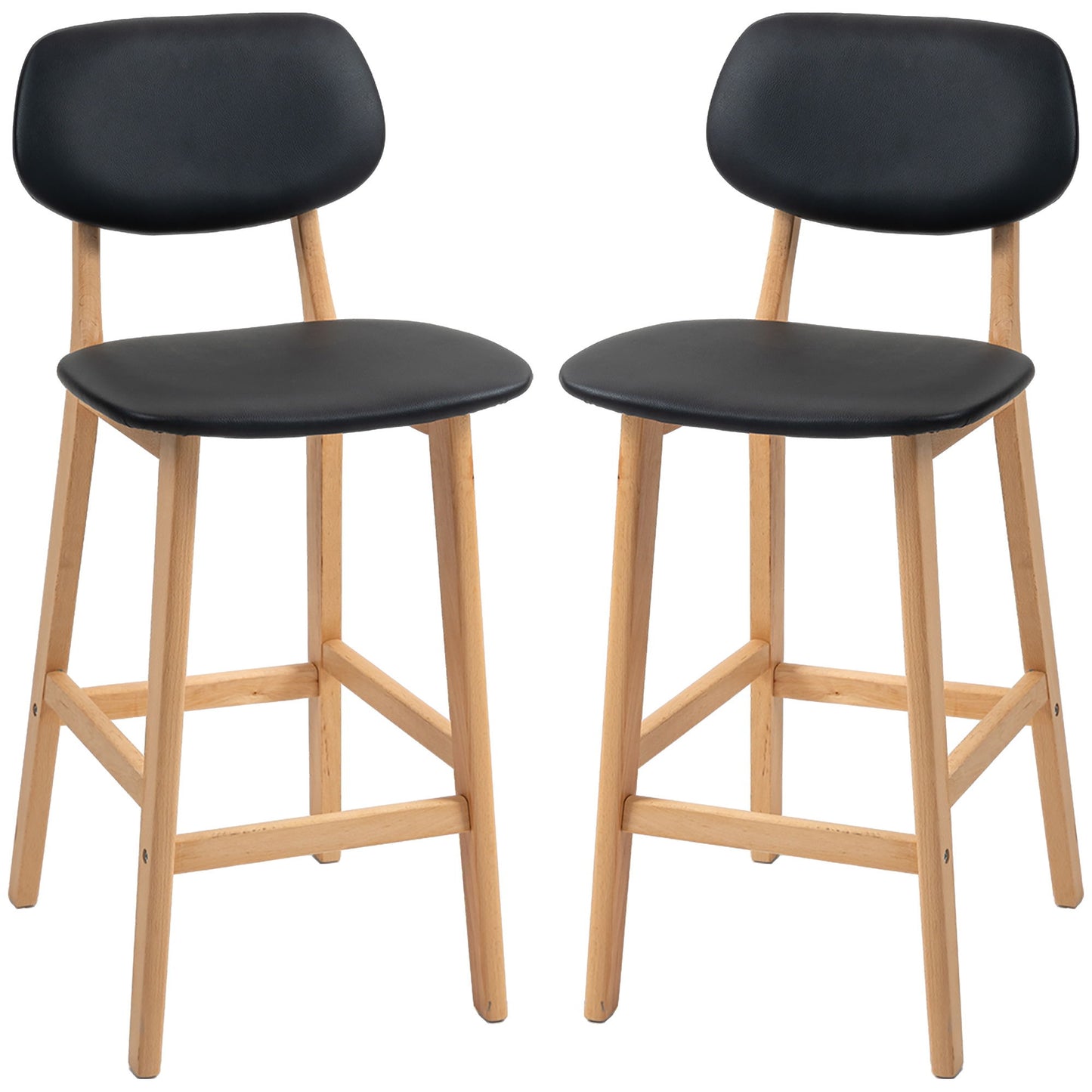Bar Stools Set of 2, PU Leather Counter Height Barstools, Bar Chairs with Footrest, Solid Wood Legs, Natural and Black