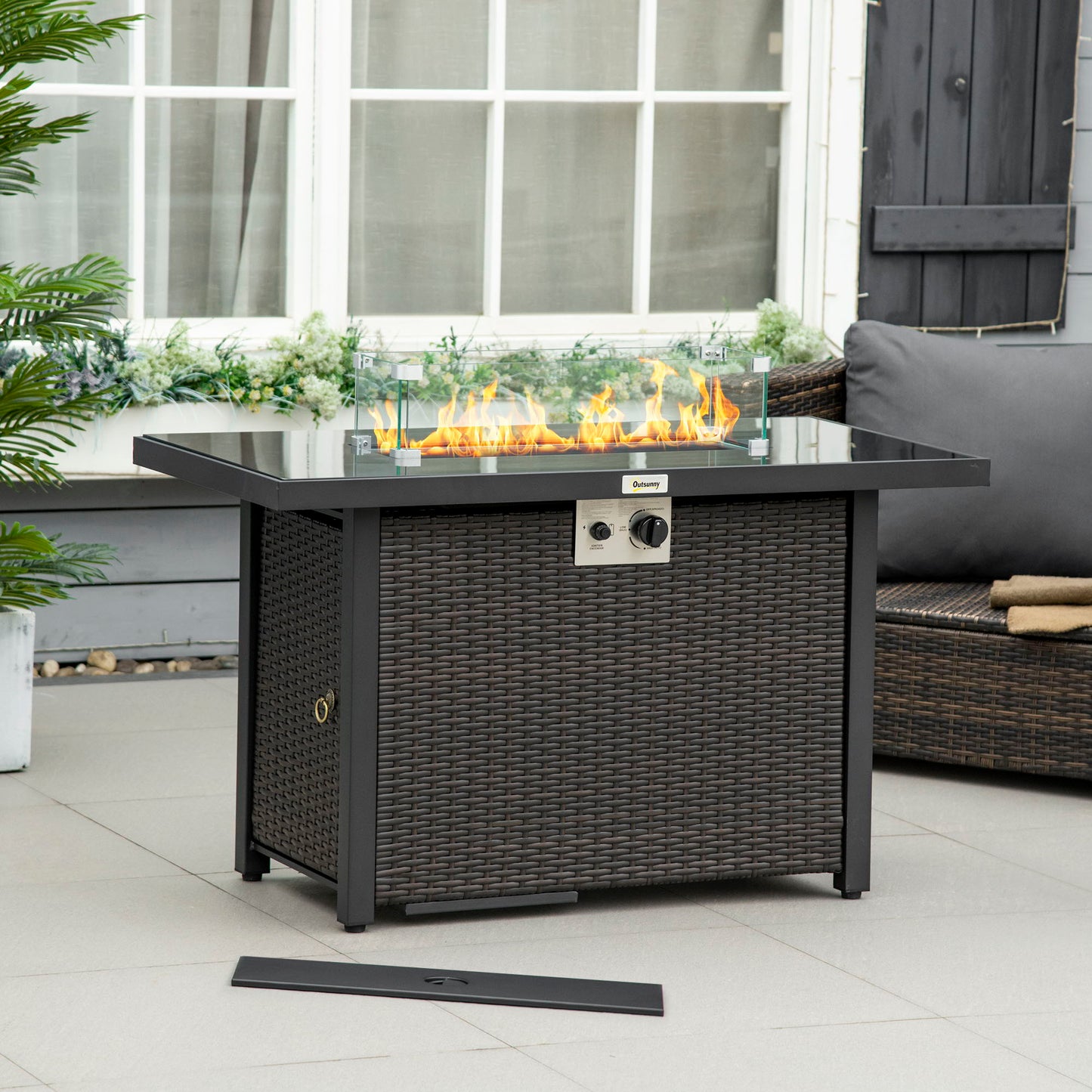 Propane Fire Pit Table 43" Outdoor Fire Table, 50,000 BTU Pulse-Ignition Wicker Firepit Furniture with Glass Wind Guard, Blue Glass Rock, CSA Certification, Coffee