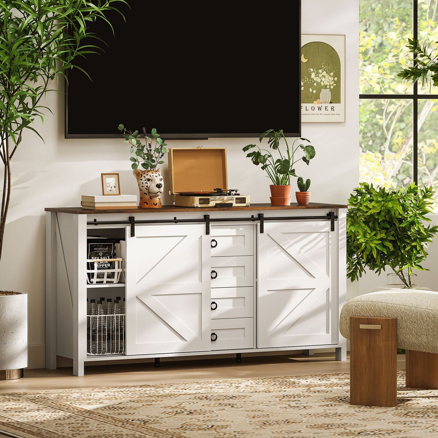 60" Farmhouse Sideboard with Sliding Barn Doors - Cream White