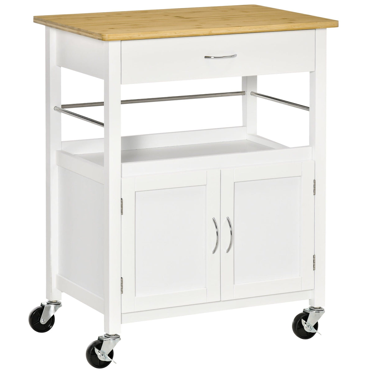 Kitchen Cart with Storage Drawer and Side Hooks - White